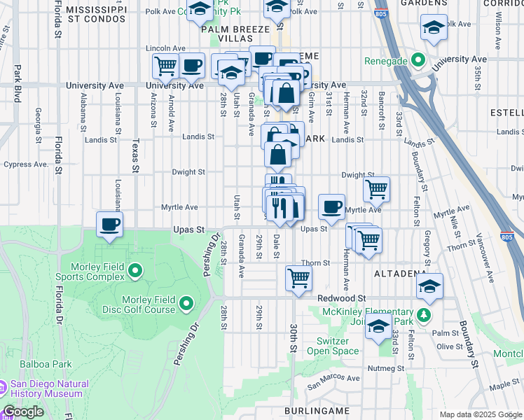 map of restaurants, bars, coffee shops, grocery stores, and more near 3444 Granada Avenue in San Diego