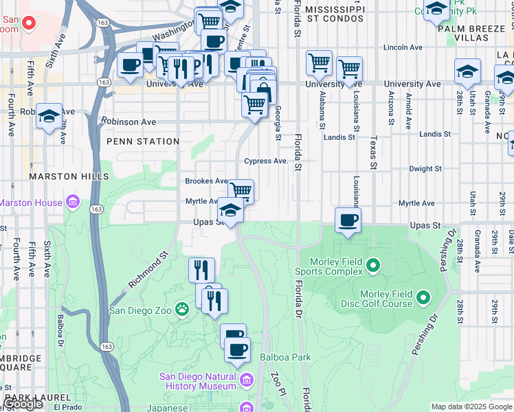 map of restaurants, bars, coffee shops, grocery stores, and more near 1717 Myrtle Avenue in San Diego