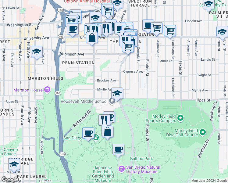 map of restaurants, bars, coffee shops, grocery stores, and more near 1625 Myrtle Avenue in San Diego