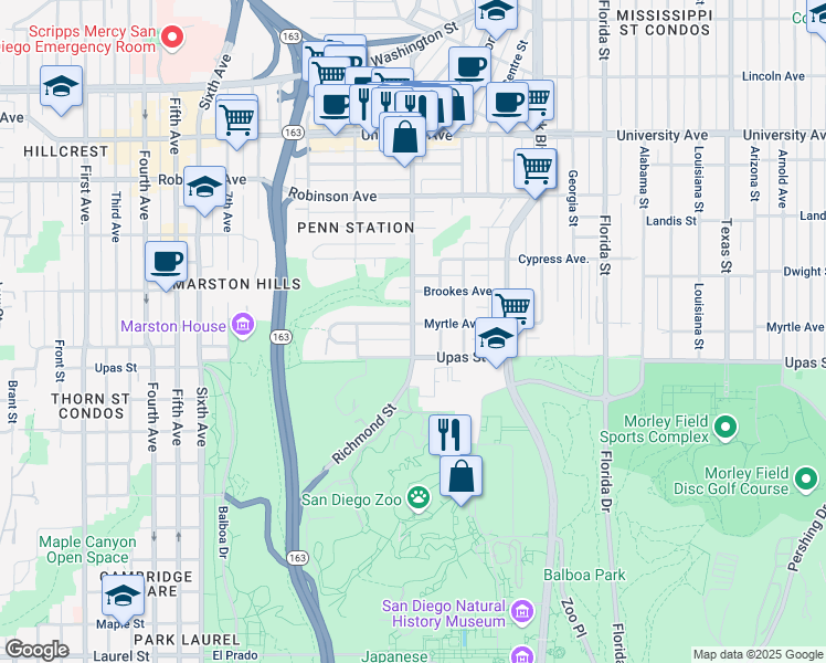 map of restaurants, bars, coffee shops, grocery stores, and more near 3438 Richmond Street in San Diego