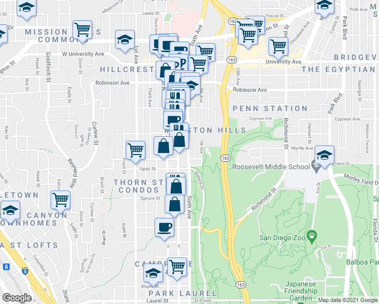 map of restaurants, bars, coffee shops, grocery stores, and more near in San Diego