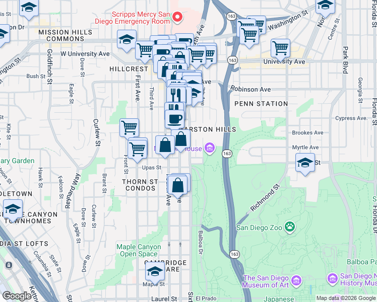map of restaurants, bars, coffee shops, grocery stores, and more near in San Diego