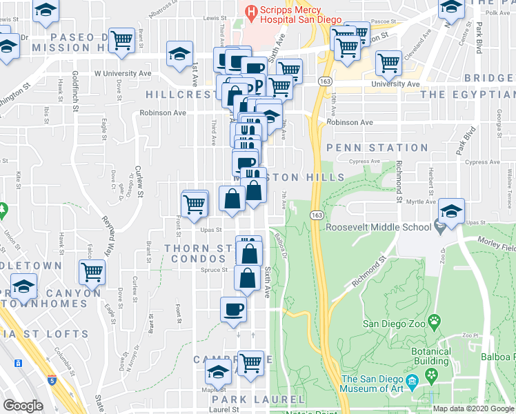 map of restaurants, bars, coffee shops, grocery stores, and more near 3534 Fifth Avenue in San Diego