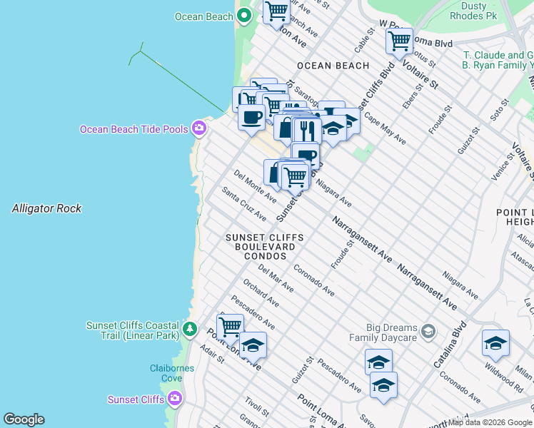 map of restaurants, bars, coffee shops, grocery stores, and more near 4817 Del Monte Avenue in San Diego