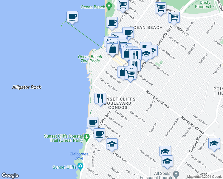 map of restaurants, bars, coffee shops, grocery stores, and more near 4877 Santa Cruz Avenue in San Diego
