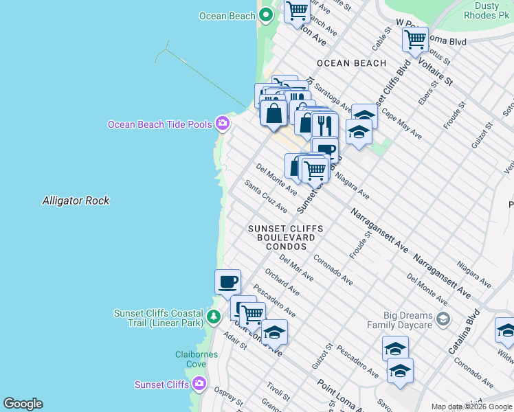 map of restaurants, bars, coffee shops, grocery stores, and more near 4934 Coronado Avenue in San Diego