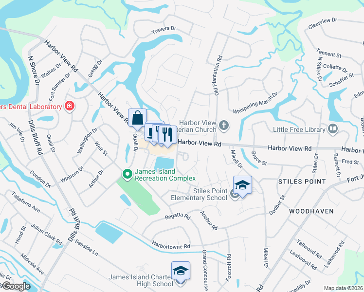 map of restaurants, bars, coffee shops, grocery stores, and more near 969 Harbor View Road in Charleston
