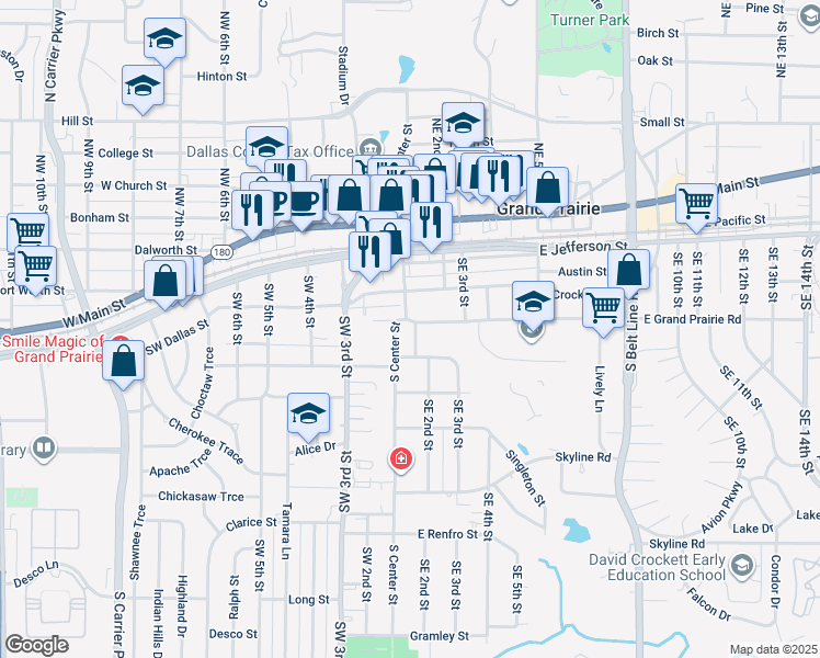map of restaurants, bars, coffee shops, grocery stores, and more near 402 South Center Street in Grand Prairie