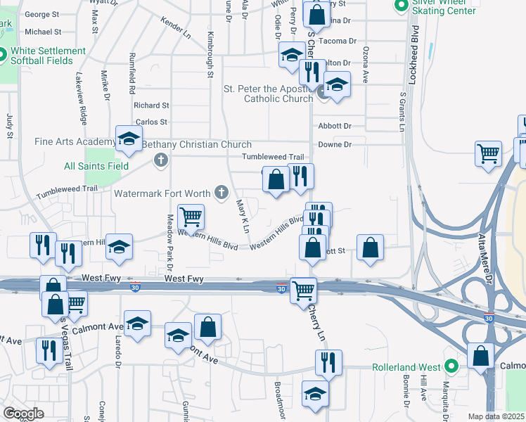 map of restaurants, bars, coffee shops, grocery stores, and more near 8031 Cambridge Circle in White Settlement