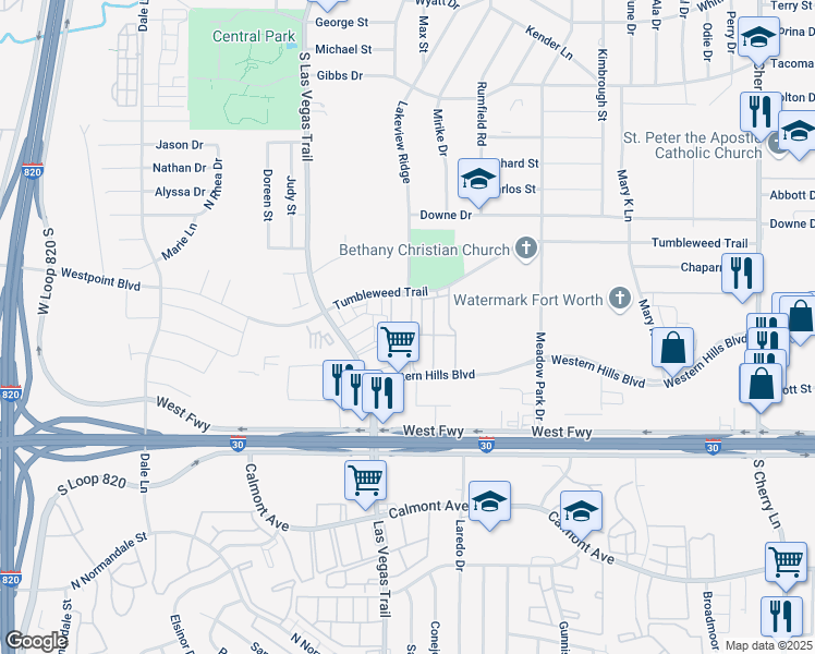 map of restaurants, bars, coffee shops, grocery stores, and more near 8515-8559 La Plaza Drive in White Settlement
