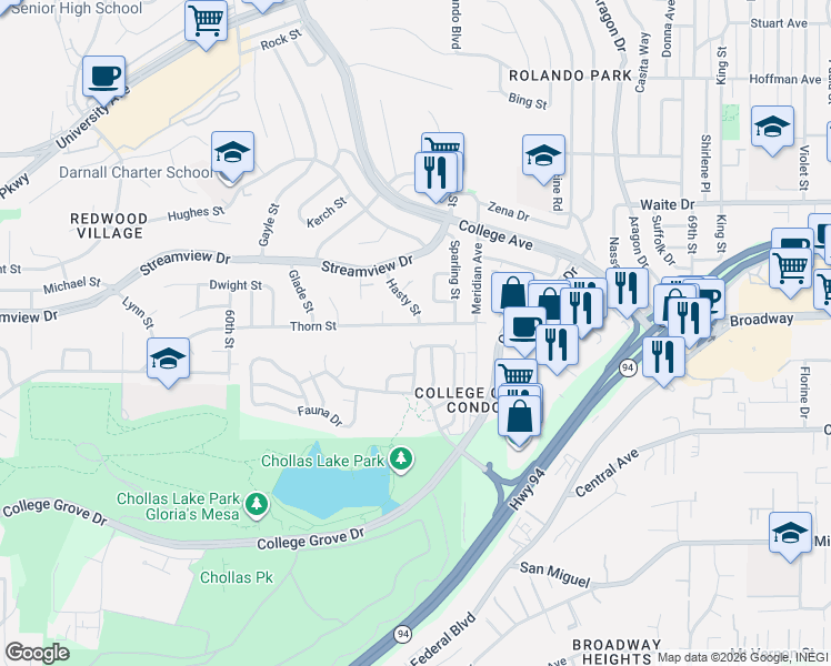 map of restaurants, bars, coffee shops, grocery stores, and more near 6339 Thorn St in San Diego