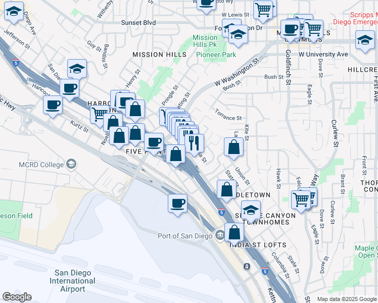 map of restaurants, bars, coffee shops, grocery stores, and more near 3667 India Street in San Diego