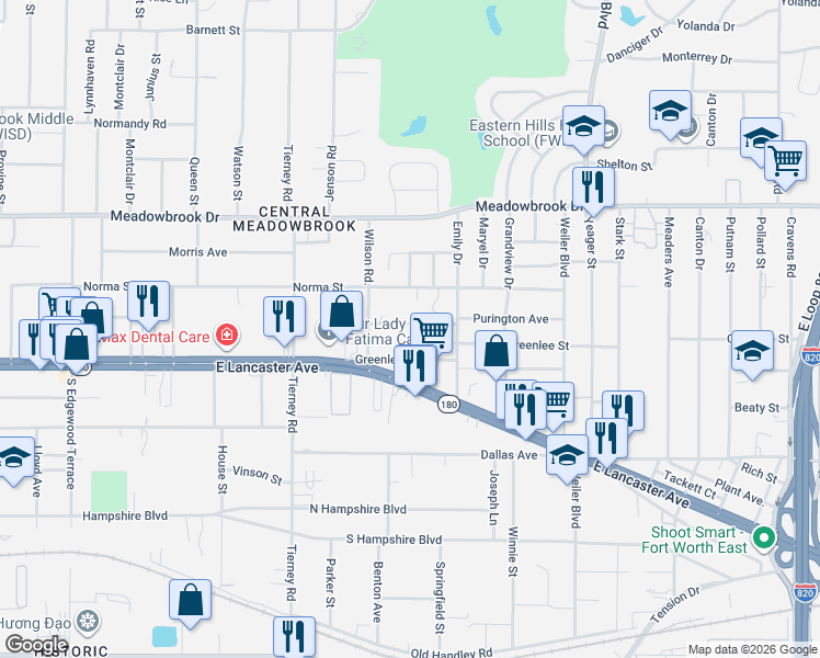 map of restaurants, bars, coffee shops, grocery stores, and more near 5232 Purington Avenue in Fort Worth