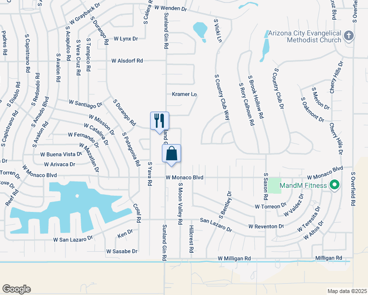 map of restaurants, bars, coffee shops, grocery stores, and more near 15167 South Moon Valley Road in Arizona City