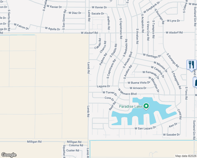 map of restaurants, bars, coffee shops, grocery stores, and more near 15191 Padres Road in Arizona City