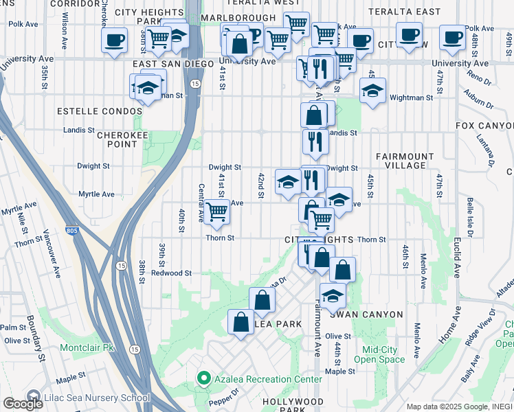 map of restaurants, bars, coffee shops, grocery stores, and more near 3450 42nd Street in San Diego