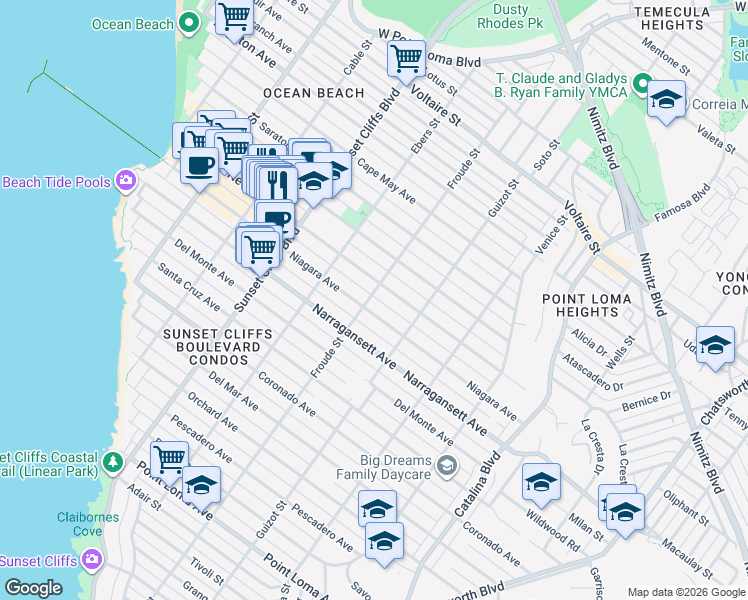 map of restaurants, bars, coffee shops, grocery stores, and more near 1865 Froude Street in San Diego