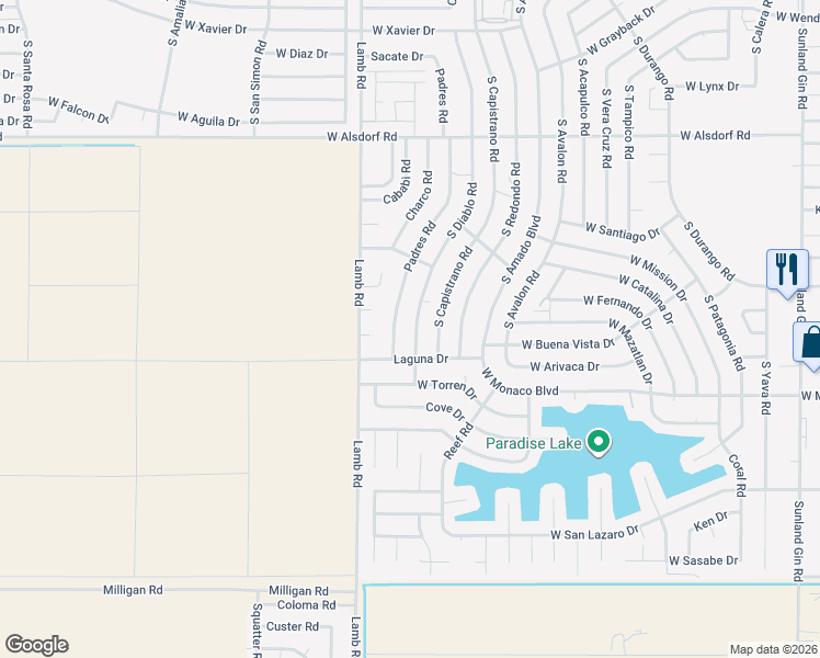 map of restaurants, bars, coffee shops, grocery stores, and more near 15191 Padres Road in Arizona City