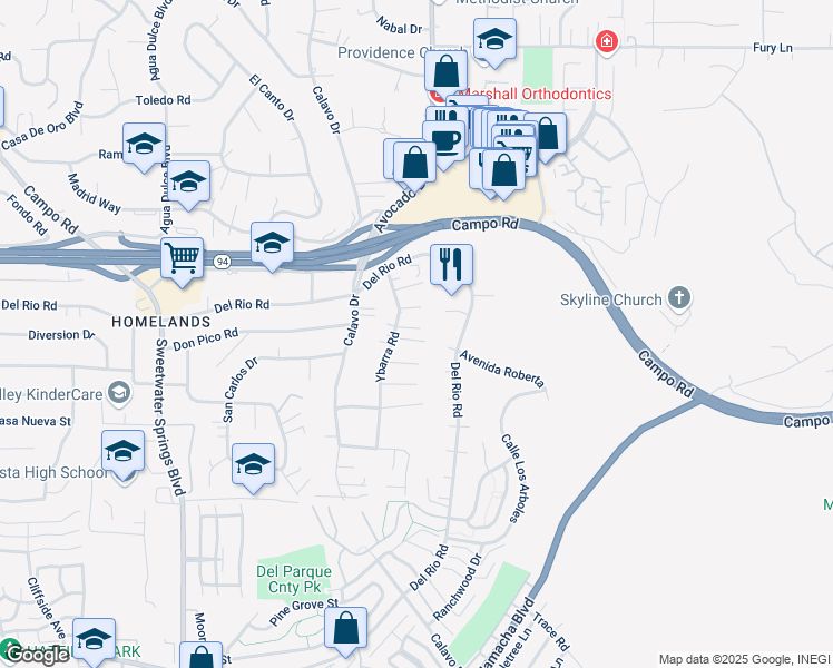 map of restaurants, bars, coffee shops, grocery stores, and more near 3509 Ybarra Road in Spring Valley