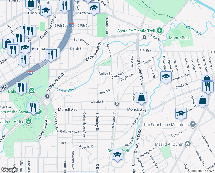 map of restaurants, bars, coffee shops, grocery stores, and more near 1343 Grant Street in Dallas