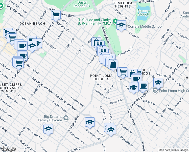 map of restaurants, bars, coffee shops, grocery stores, and more near 2068 Catalina Boulevard in San Diego