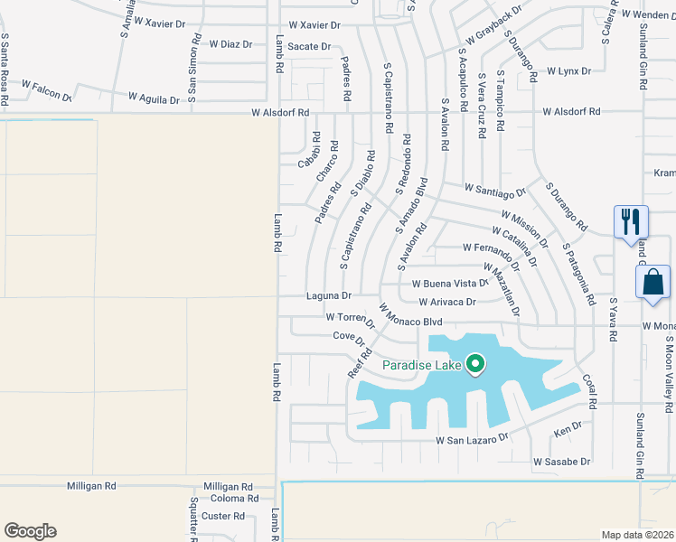 map of restaurants, bars, coffee shops, grocery stores, and more near 15200 South Capistrano Road in Arizona City
