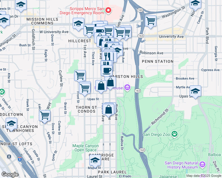 map of restaurants, bars, coffee shops, grocery stores, and more near 3534 Fifth Avenue in San Diego