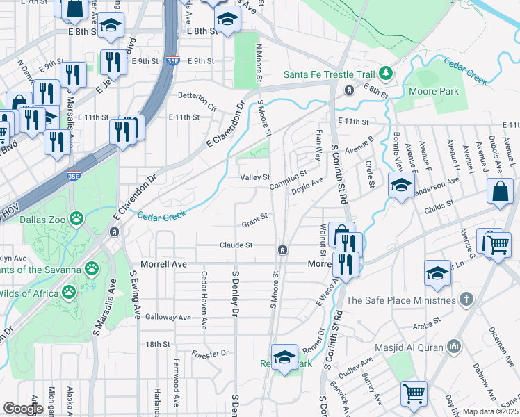 map of restaurants, bars, coffee shops, grocery stores, and more near 1343 Grant Street in Dallas