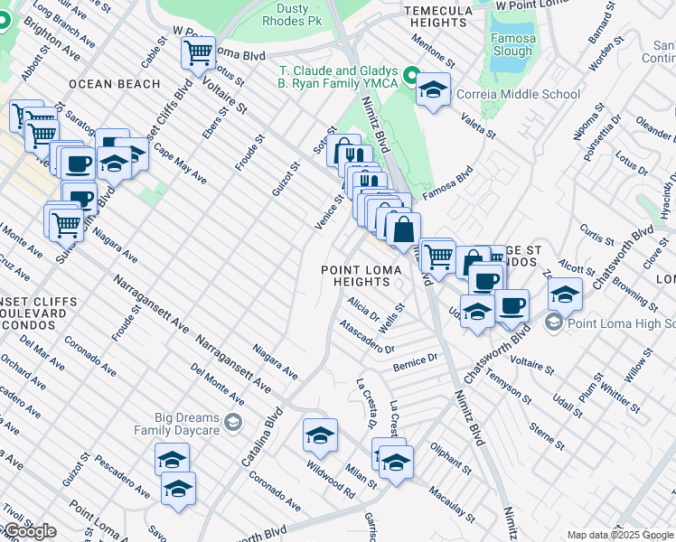 map of restaurants, bars, coffee shops, grocery stores, and more near 2068 Catalina Boulevard in San Diego