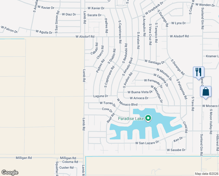 map of restaurants, bars, coffee shops, grocery stores, and more near 15200 South Capistrano Road in Arizona City