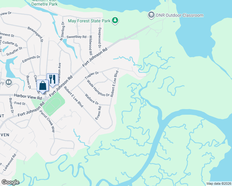 map of restaurants, bars, coffee shops, grocery stores, and more near 856 Robert E Lee Boulevard in Charleston