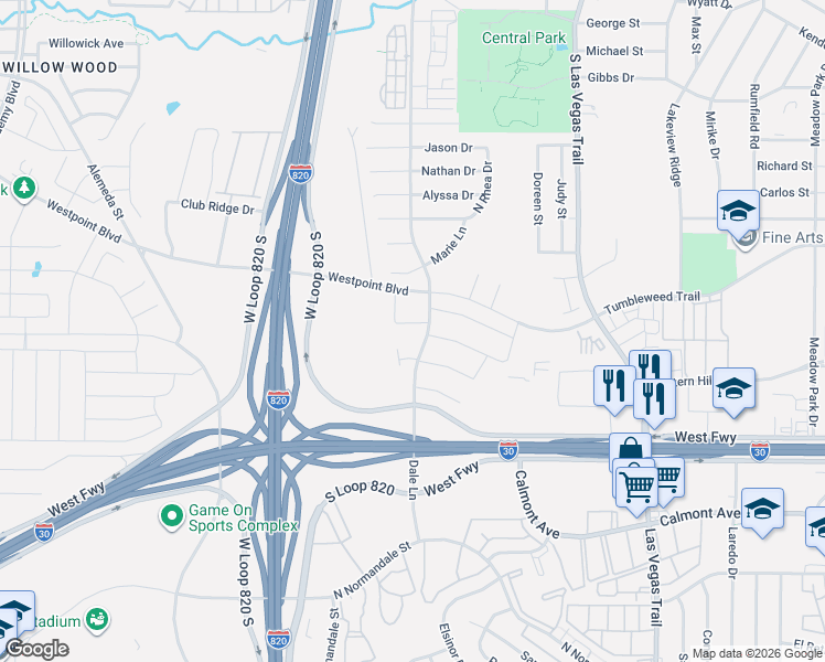 map of restaurants, bars, coffee shops, grocery stores, and more near 9309 Gabriella Drive in White Settlement
