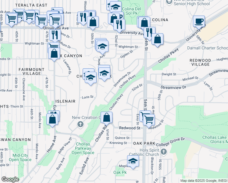 map of restaurants, bars, coffee shops, grocery stores, and more near 3317 Boyce Lane in San Diego