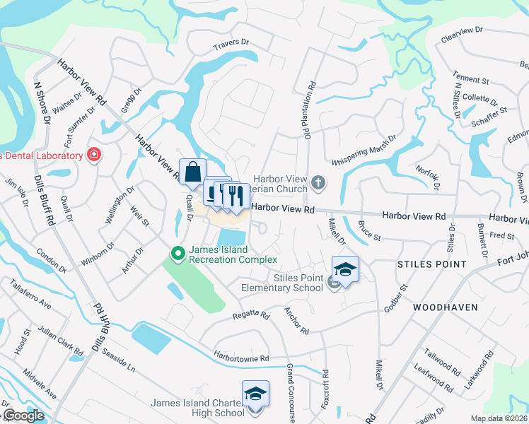 map of restaurants, bars, coffee shops, grocery stores, and more near 969 Harbor View Road in Charleston
