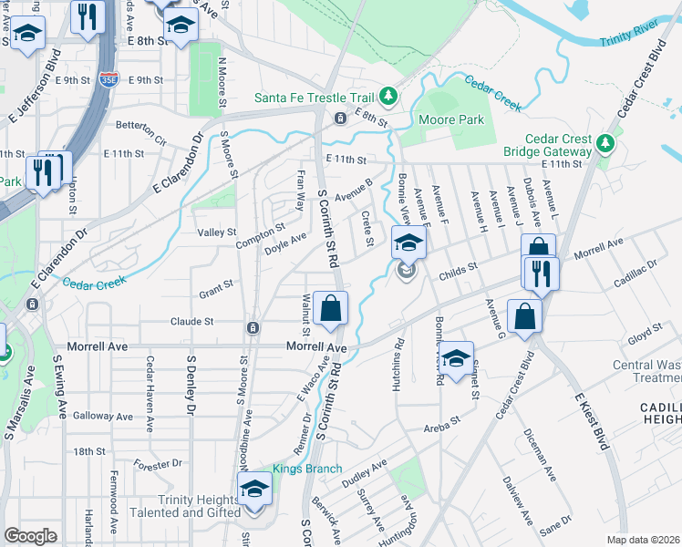 map of restaurants, bars, coffee shops, grocery stores, and more near 638 South Corinth Street Road in Dallas