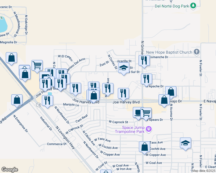map of restaurants, bars, coffee shops, grocery stores, and more near North Central Avenue in Hobbs