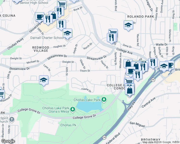 map of restaurants, bars, coffee shops, grocery stores, and more near 6175 Thorn Street in San Diego