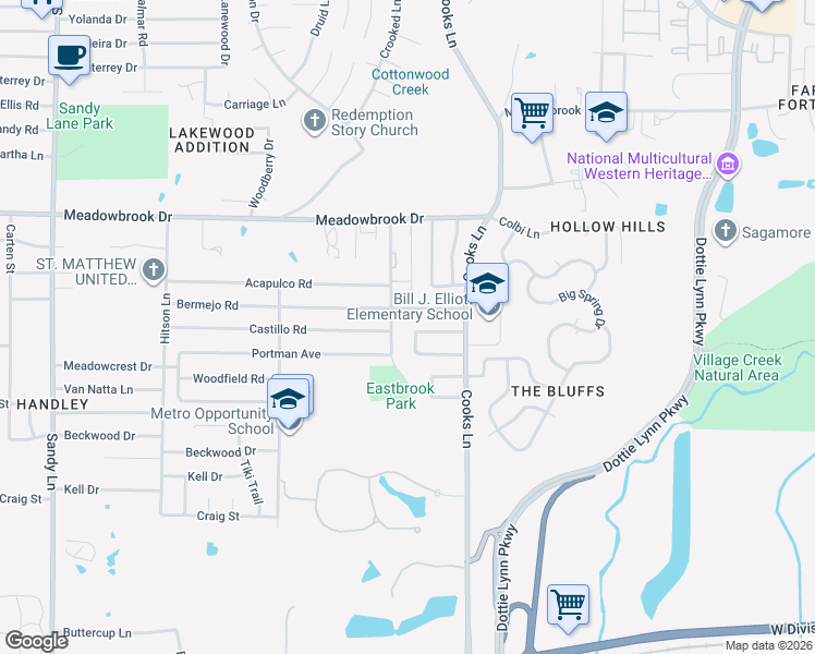 map of restaurants, bars, coffee shops, grocery stores, and more near 2640 Castanada Circle in Fort Worth