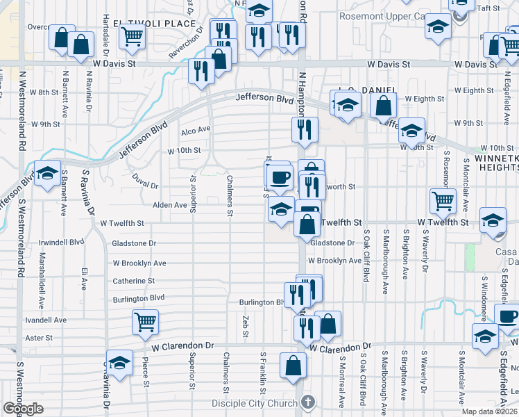 map of restaurants, bars, coffee shops, grocery stores, and more near 2510 Alden Avenue in Dallas