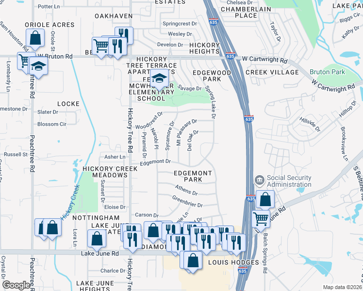 map of restaurants, bars, coffee shops, grocery stores, and more near 2000 Mount Pleasant Drive in Mesquite