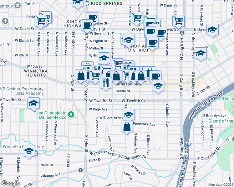 map of restaurants, bars, coffee shops, grocery stores, and more near 700 Centre Street in Dallas