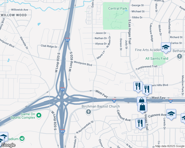 map of restaurants, bars, coffee shops, grocery stores, and more near 9309 Gabriella Drive in Fort Worth