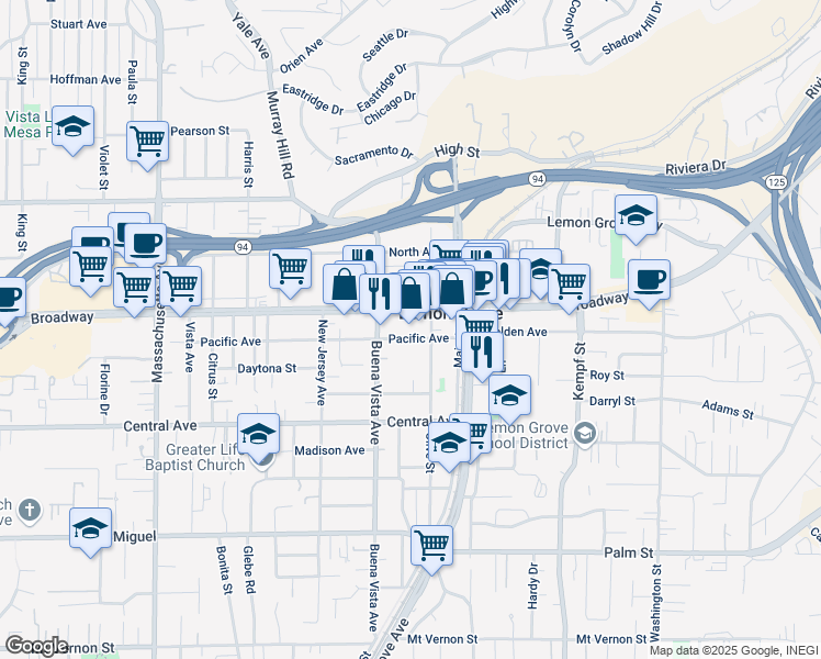 map of restaurants, bars, coffee shops, grocery stores, and more near 7663 Broadway in Lemon Grove