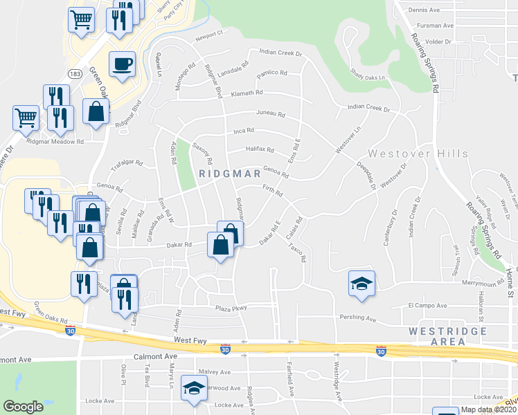 map of restaurants, bars, coffee shops, grocery stores, and more near 1812 Ems Road East in Fort Worth