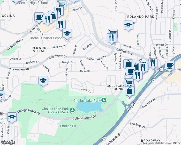 map of restaurants, bars, coffee shops, grocery stores, and more near 6175 Thorn Street in San Diego