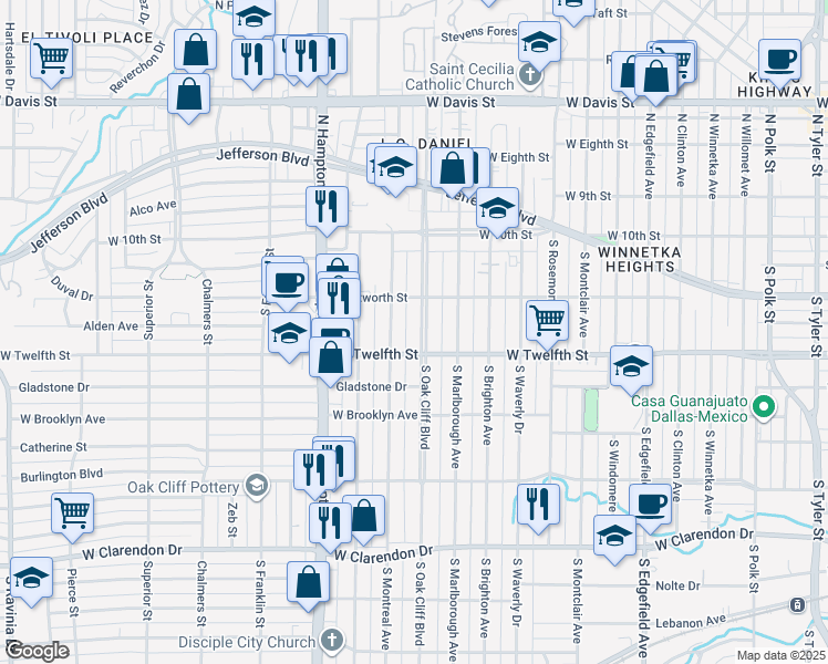 map of restaurants, bars, coffee shops, grocery stores, and more near 407 South Oak Cliff Boulevard in Dallas