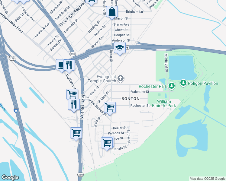 map of restaurants, bars, coffee shops, grocery stores, and more near 6026 Bexar Street in Dallas