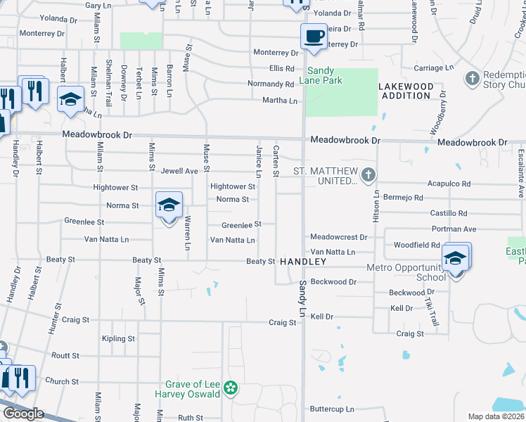 map of restaurants, bars, coffee shops, grocery stores, and more near 2609 Janice Lane in Fort Worth
