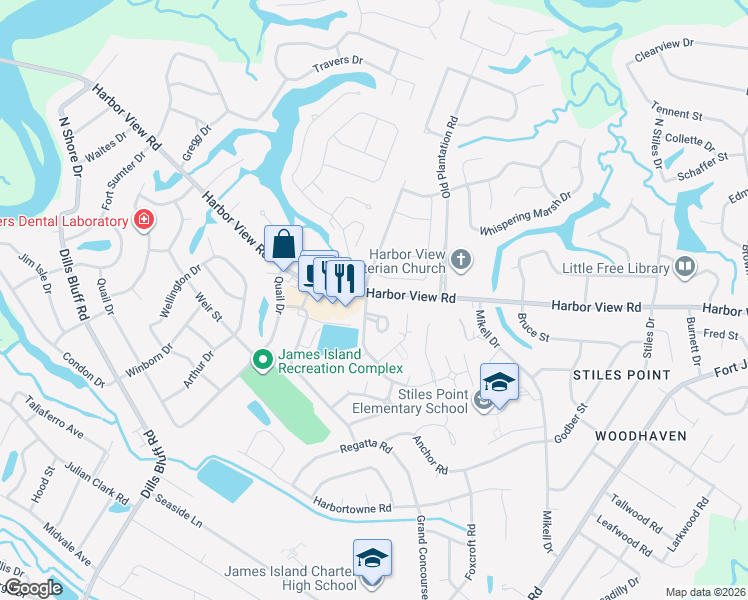 map of restaurants, bars, coffee shops, grocery stores, and more near 969 Harbor View Road in Charleston