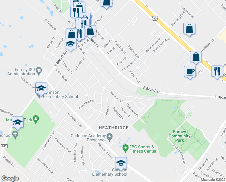map of restaurants, bars, coffee shops, grocery stores, and more near 210 Stanford Street in Forney